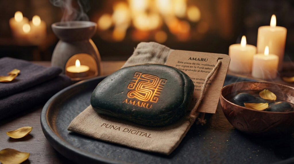 Grabado láser de alta precisión sobre piedra de río de Salta - Pieza AMARU de Daniel Isa.