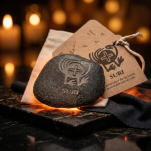 Grabado láser de alta precisión sobre piedra de río de Salta - Pieza SURI de Daniel Isa.